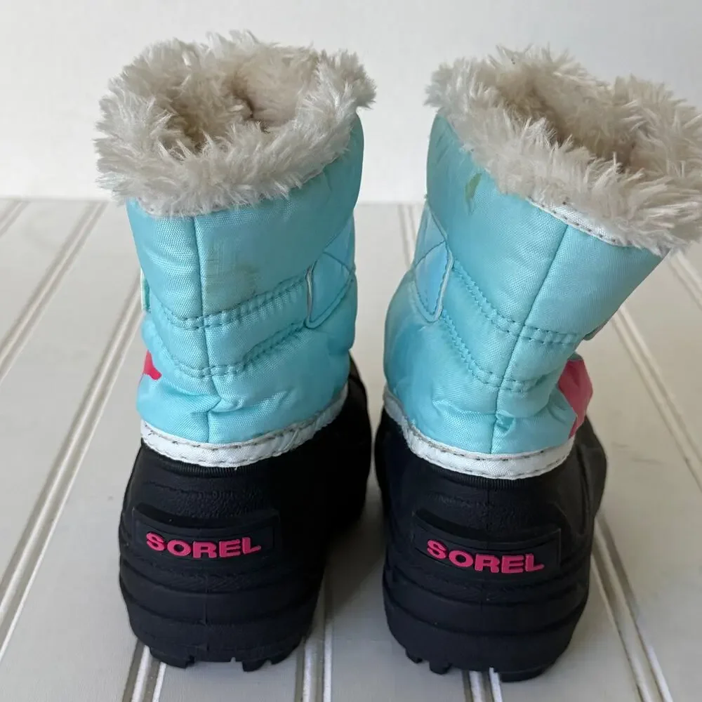 Sorel Snow Commander kids' boots size 6 blue pink logo black rubber shell.